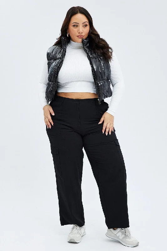 Black Puffer Vest Sleeveless Shiny Crop