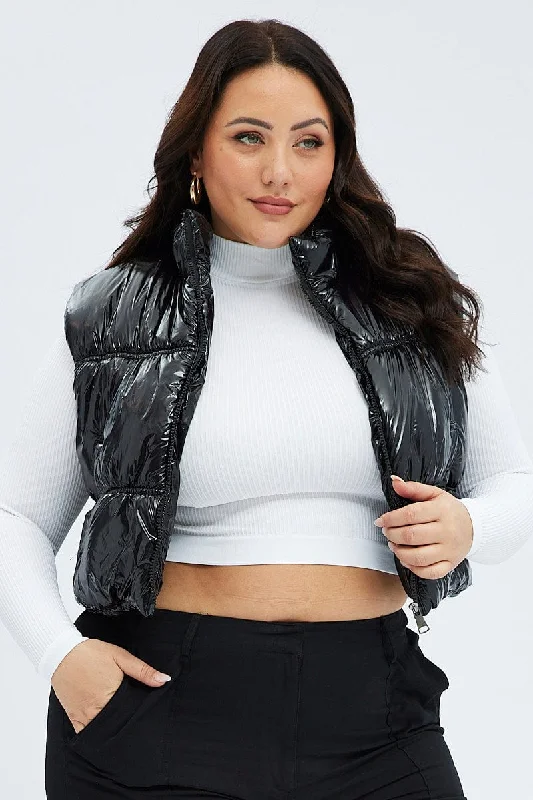 Black Puffer Vest Sleeveless Shiny Crop