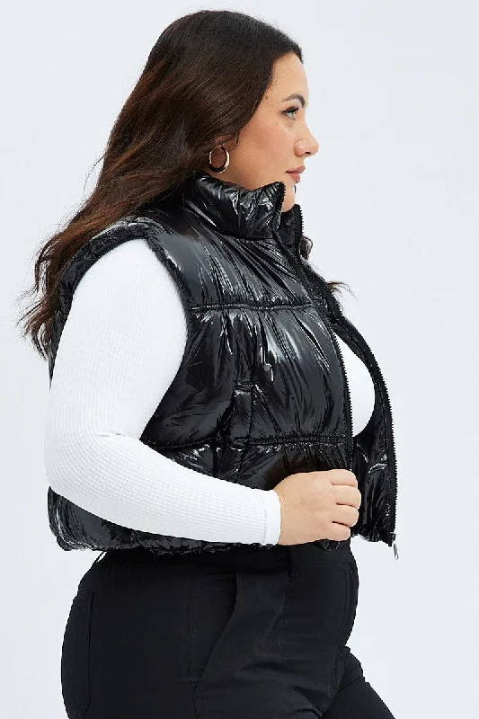 Black Puffer Vest Sleeveless Shiny Crop