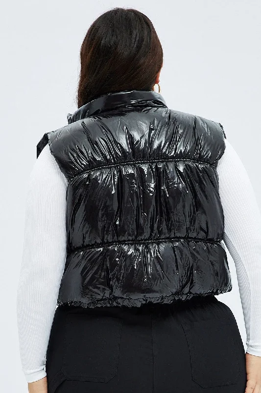 Black Puffer Vest Sleeveless Shiny Crop