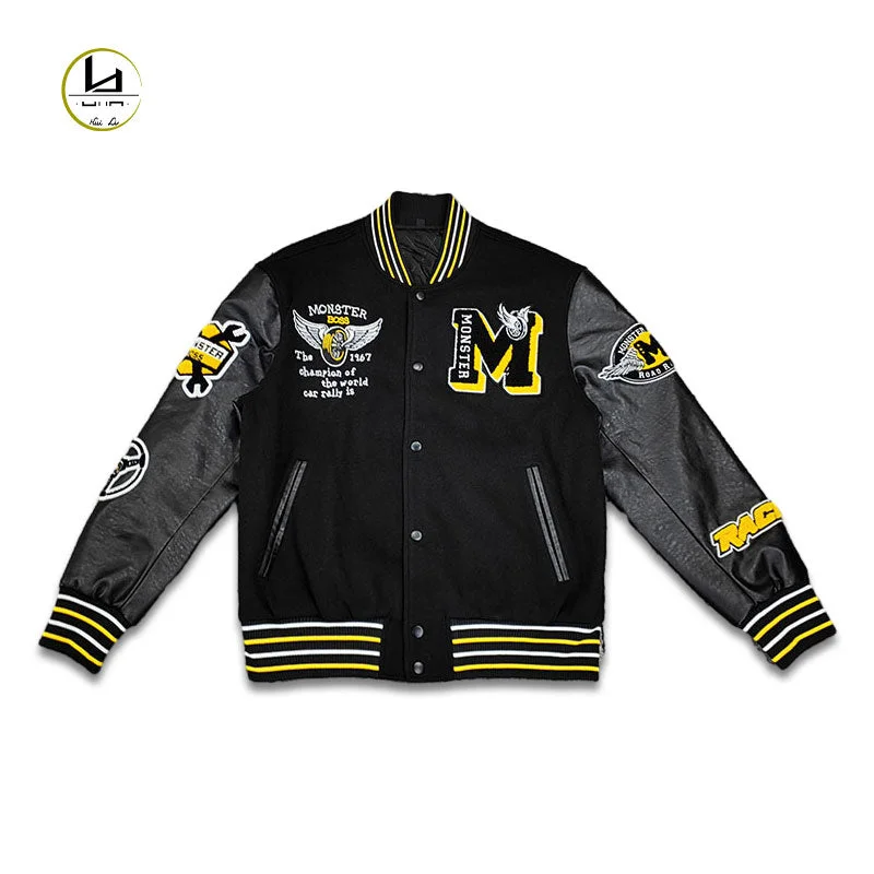 HUILI FACTORY streetwear custom applique embroidery Y2K leather sleeve varsity jacket