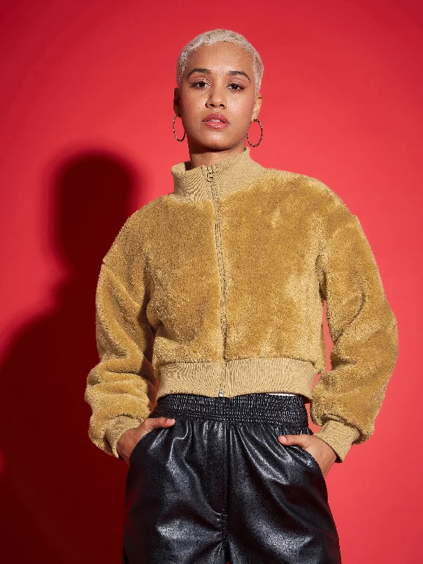 Women Brown Fur High Neck Crop Bomber Jacket